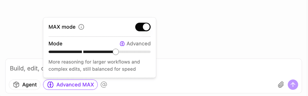 Copilot mode selection showing Advanced mode with MAX toggle