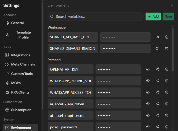 Environment variables settings showing separate Workspace and Personal sections