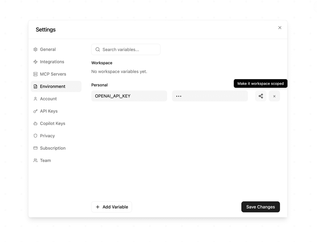 Toggle workspace scope for environment variables