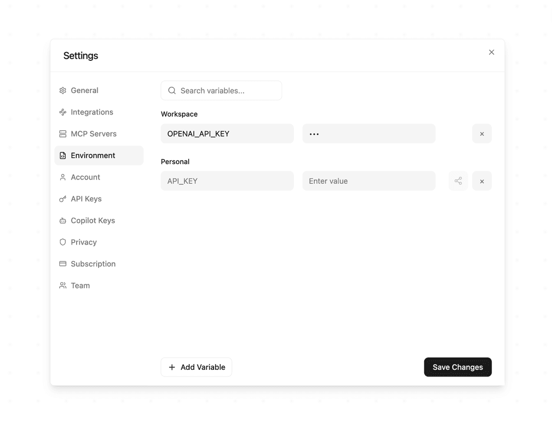 Workspace-scoped variables in the environment variables list