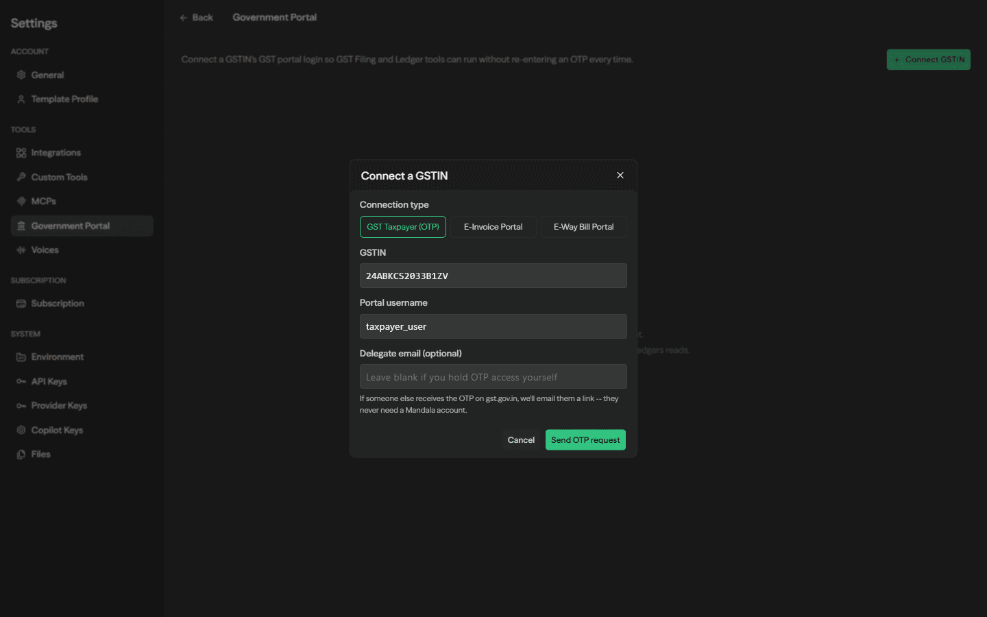 Connect a GSTIN dialog set to GST Taxpayer (OTP), with GSTIN, username, and delegate email fields
