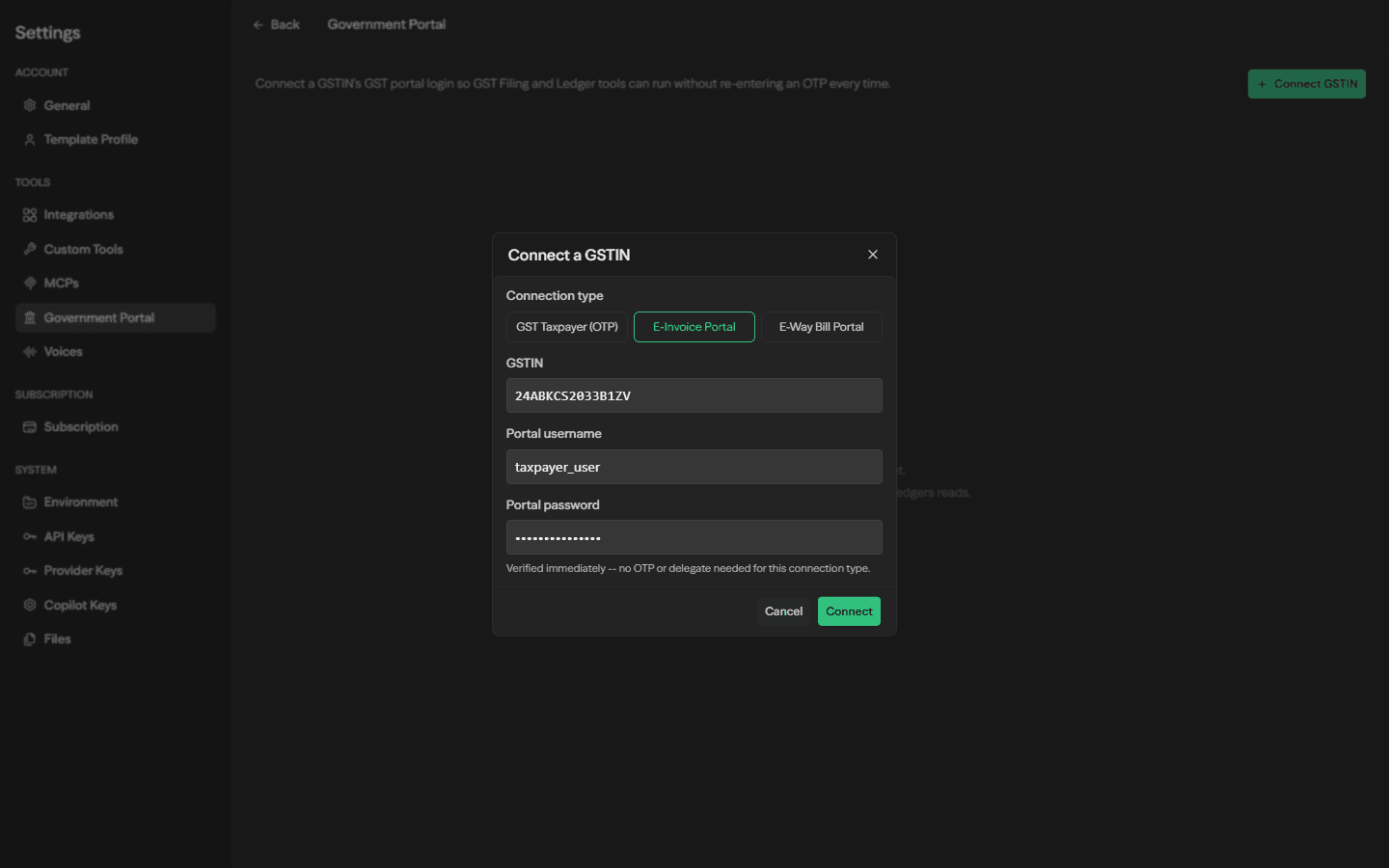 Connect a GSTIN dialog set to E-Invoice Portal, with GSTIN, username, and password fields