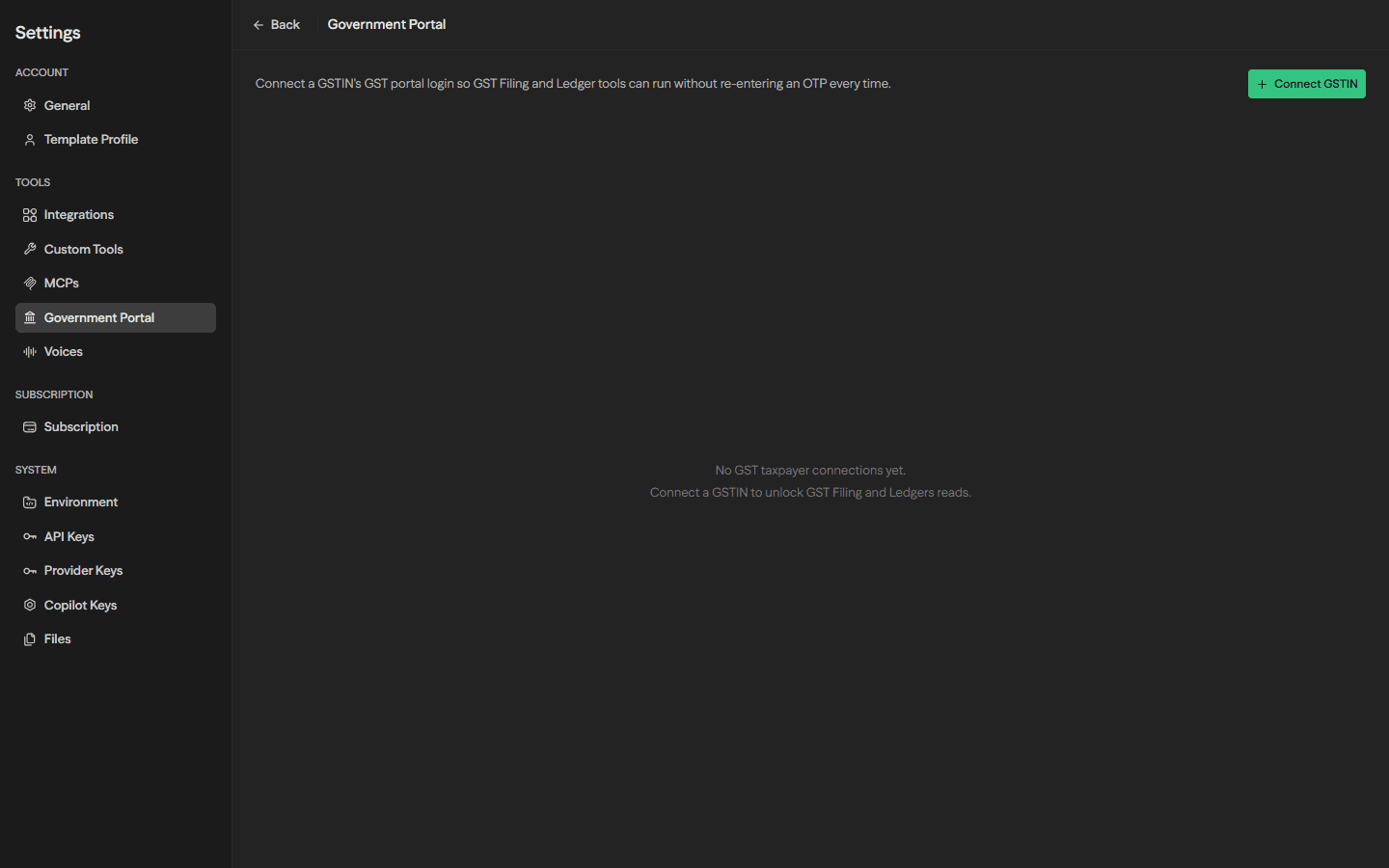Government Portal settings panel with no connections yet, and a Connect GSTIN button