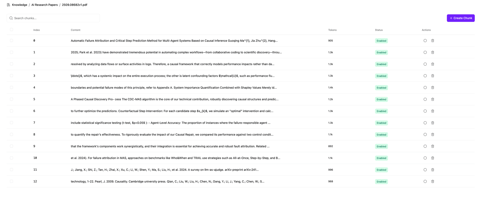 Document chunks view showing processed content