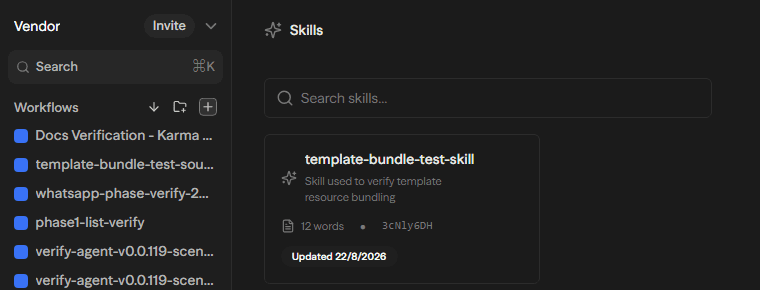 The workspace Skills page listing existing skills