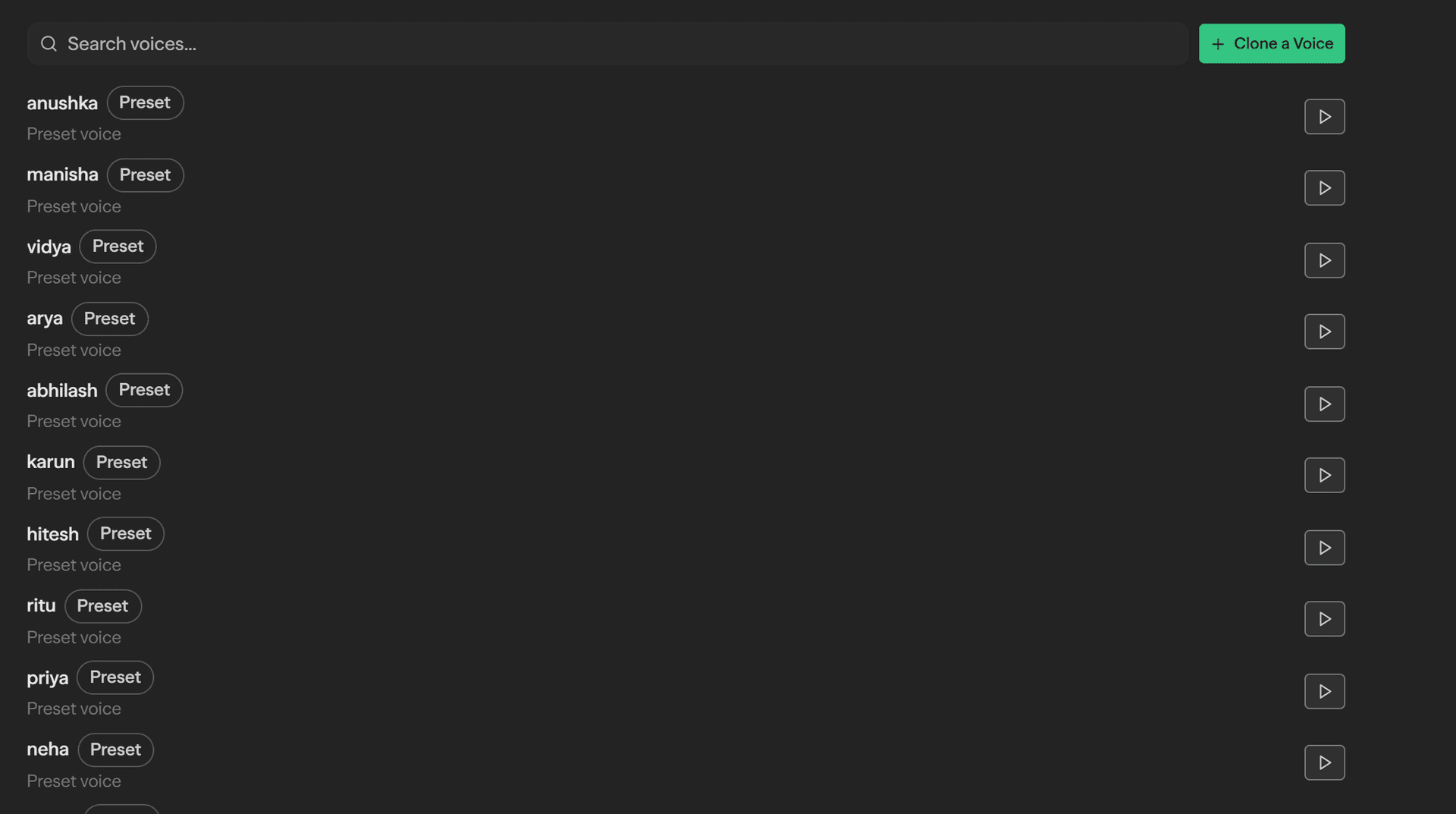 The Voices settings panel: Preset voices and Your voices tabs, a box for your own sample line, and a play button on every row