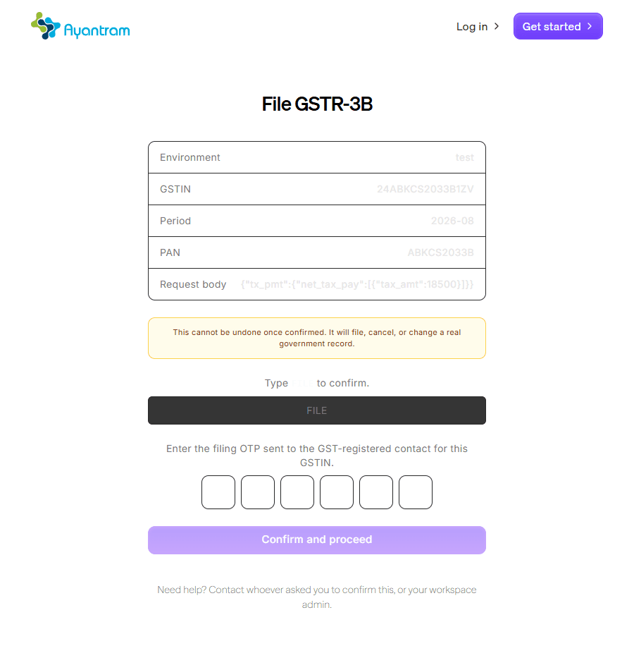 Confirm page for File GSTR-3B, showing a summary table, a cannot-be-undone notice, a type-to-confirm field, and an OTP input