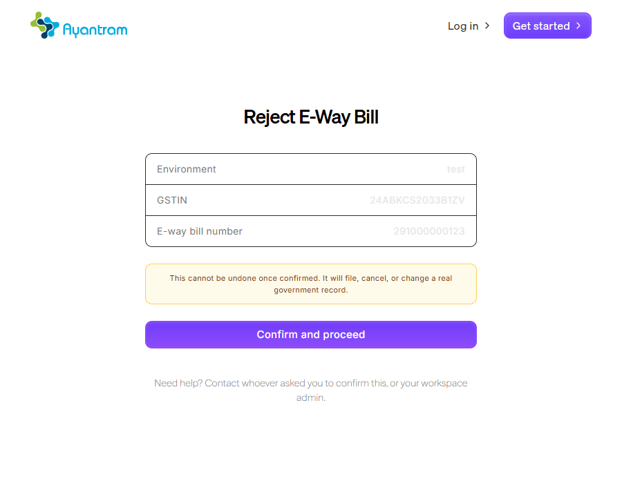 Confirm page for Reject E-Way Bill, showing a summary table and a single Confirm and proceed button